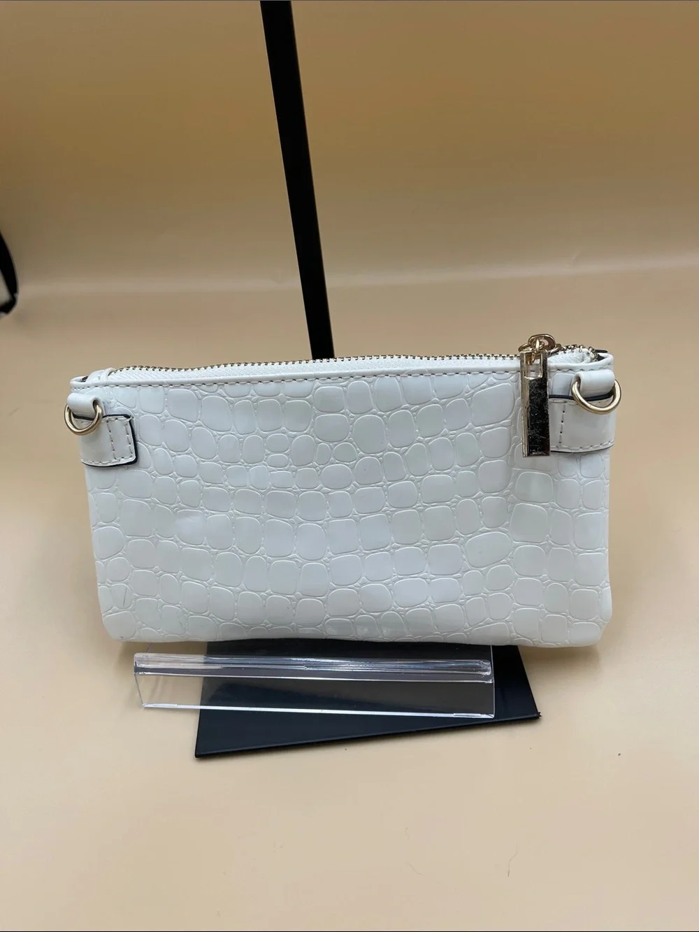 Tory Burch White Croc-Embossed Patent Pouch with Gold Logo